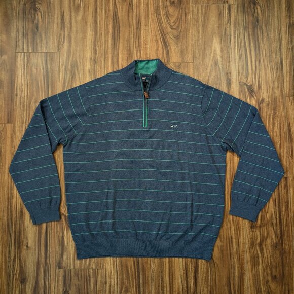 Vineyard Vines Blue Green Striped 1/4 Zip Cotton Whale Logo Sweater Men's Sz XL - Picture 2 of 11